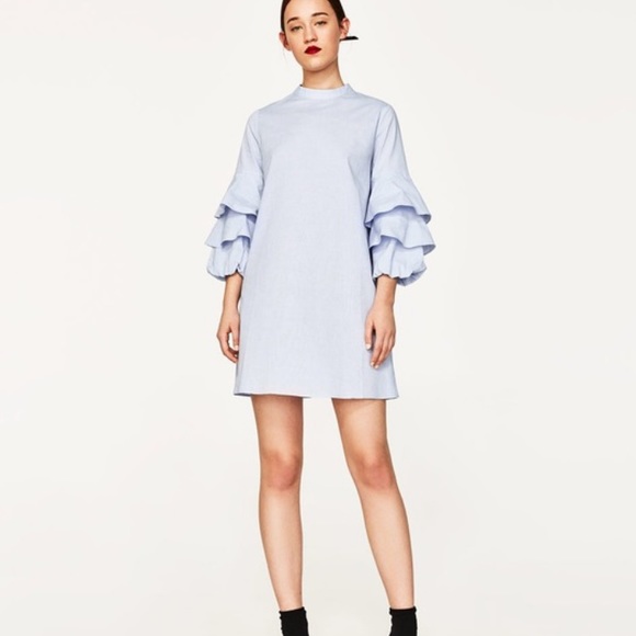 Zara Dresses & Skirts - Zara Light Blue Puff Sleeve Zipper Back Dress